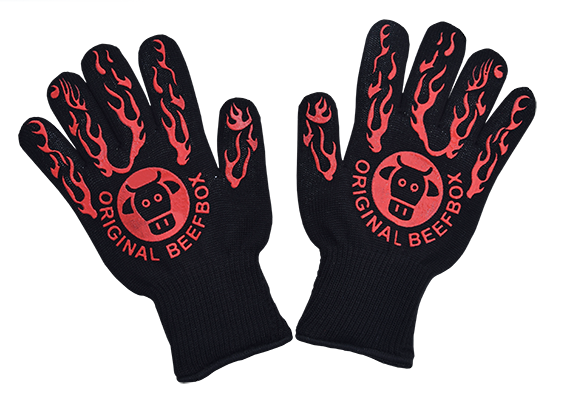 Grill- / BBQ-Handschuhe (Paar) aus Aramidfasern, mit Silikondruck, 500°C hitzebeständig